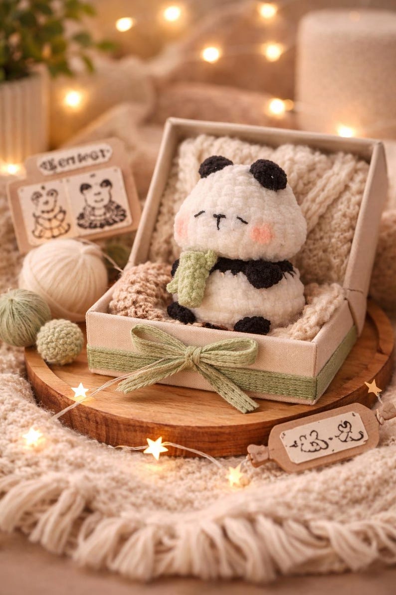 May include: A handmade crochet panda bear with black and white fur, a green scarf, and pink cheeks, presented in a gift box with a green bow. The box sits on a wooden tray with a soft, textured blanket and string lights.