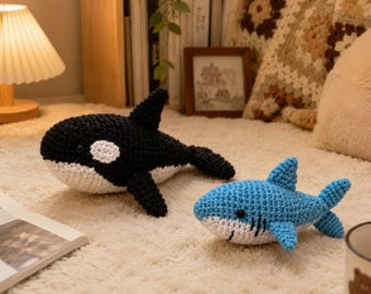 Knitted Orca Crochet Whale and Shark Plush Handmade Ocean Animal Amigurumi, Orca Sea Animal Lover Decor, Gift for Her