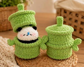 Llavero de peluche de amigurumi de panda dormido con maceta de bambú, hecho a mano, regalo de decoración de panda tejido a mano, regalo para ella.