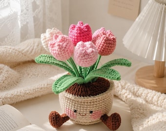 Tulipán hecho a mano con maceta de ganchillo, mini tulipanes en maceta con soporte tejido, regalo para mamá e hija, regalo para el Día de la Madre, graduación y decoración del hogar.