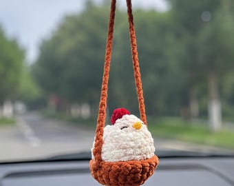 Crochet Chicken Car Hanging, Rearview Mirror Charm Chick, Farm Animal Decor Car Accessory Decorations, Gift for Her