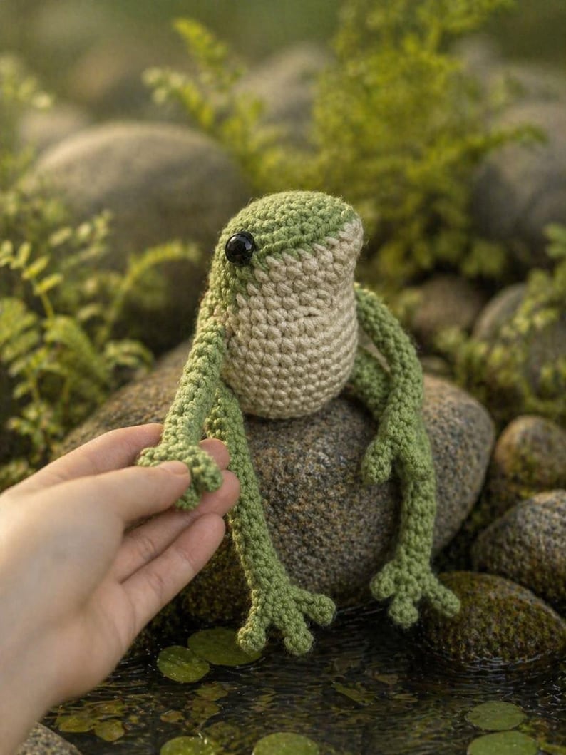 May include: A handmade crochet frog in shades of green and beige sits on a rock. The frog has black eyes and long, slender legs. The frog is in a natural outdoor setting, with water and greenery in the background.