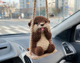 Otter Crochet Car Hanging, Cute Ocean Amigurumi Mirror Charm Car Animal Accessory Gift for Him Her, Car Decor