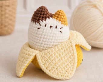 Peluche de gato plátano de ganchillo, amigurumi hecho a mano, divertido gato plátano, muñeco de animal kawaii adorable, regalo para niños, regalos adorables para amantes de los animales