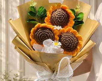 Ramo de girasoles de ganchillo, hecho a mano, flores de sol tejidas, regalo de graduación, regalo de peluche, regalo de agradecimiento para profesores graduados, decoración de escritorio