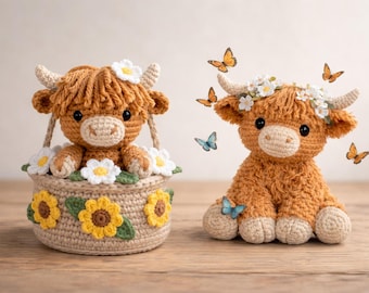 Llavero de peluche amigurumi con patrón de vaca de las Tierras Altas a crochet, dije para bolso hecho a mano a crochet, regalo para enamorados, muñeco de peluche
