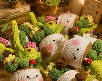 Cactus sonriente de ganchillo con maceta, peluche de planta positiva en maceta, flor hecha a mano, amigurumi, decoración de escritorio, regalo para ella, regalos para mamá