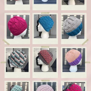 May include: A collection of handmade knit beanies in various colors and patterns, displayed on white mannequin heads. The beanies feature textured stitches and color-blocked designs, showcasing a range of hues from pinks and blues to grays and purples.