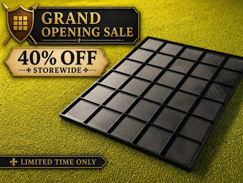 May include: A black, grid-patterned tray is displayed on a textured, yellow-green surface. The tray is divided into numerous square compartments. The image also features text that reads "GRAND OPENING SALE" and "40% OFF STOREWIDE" and "LIMITED TIME ONLY".