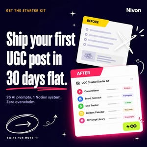 May include: A graphic with a dark blue background promoting a UGC starter kit. Text states "Ship your first UGC post in 30 days flat." A "Before" checklist and an "After" checklist with content ideas and a deal tracker are shown. The text "Get the Starter Kit" is at the top.