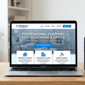 May include: A laptop and smartphone display a website for a cleaning service, "Sparkle Cleaning Co." The laptop shows "Professional Cleaning for Your Home & Office." A spray bottle, a blue cloth, a small plant, and a mug are on the wooden desk.