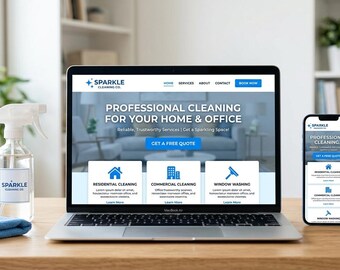 May include: A laptop and smartphone display a website for a cleaning service, "Sparkle Cleaning Co." The laptop shows "Professional Cleaning for Your Home & Office." A spray bottle, a blue cloth, a small plant, and a mug are on the wooden desk.