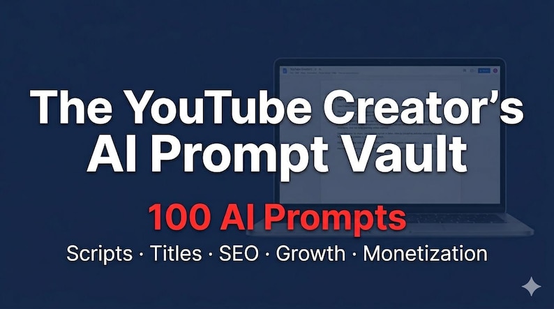 May include: A digital product graphic featuring a laptop on a dark blue background with the white text The YouTube Creator's AI Prompt Vault, the red text 100 AI Prompts, and the white text Scripts, Titles, SEO, Growth, Monetization.