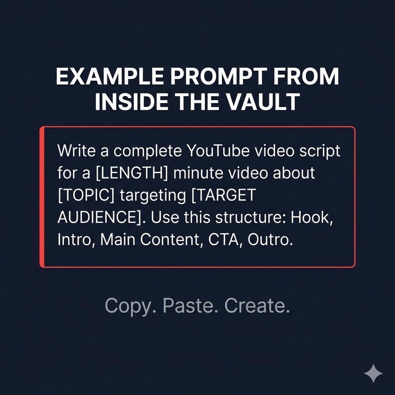 May include: Dark blue graphic with white text: "EXAMPLE PROMPT FROM INSIDE THE VAULT." A red-bordered box contains instructions for a YouTube video script, including length, topic, and audience. Below, the text reads "Copy. Paste. Create."
