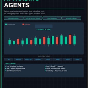 May include: A digital guide titled "Autonomous AI Trading Agents" with a dark background. The guide promises to set up automated trading bots using free tools, with no coding required. It includes a chart showing profitable and loss trades, and lists compatible tools.