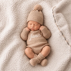 Könnte beinhalten: Ein Neugeborenes in einem beigefarbenen Strick-Outfit, bestehend aus einer Mütze mit Bommel, einem langärmligen Strampler mit dem Namen "James" auf der Vorderseite und passenden Babyschuhen. Das Baby liegt auf einer weichen, strukturierten Decke.