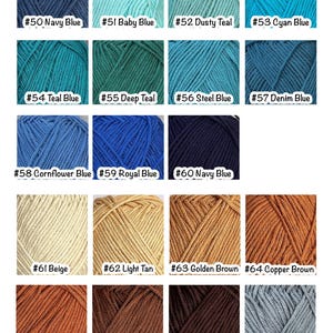 May include: A color chart featuring 27 yarn skeins in various shades. Colors range from blues and greens to browns and grays, each labeled with a number and color name. The yarn is tightly wound, showcasing the texture and color variations.