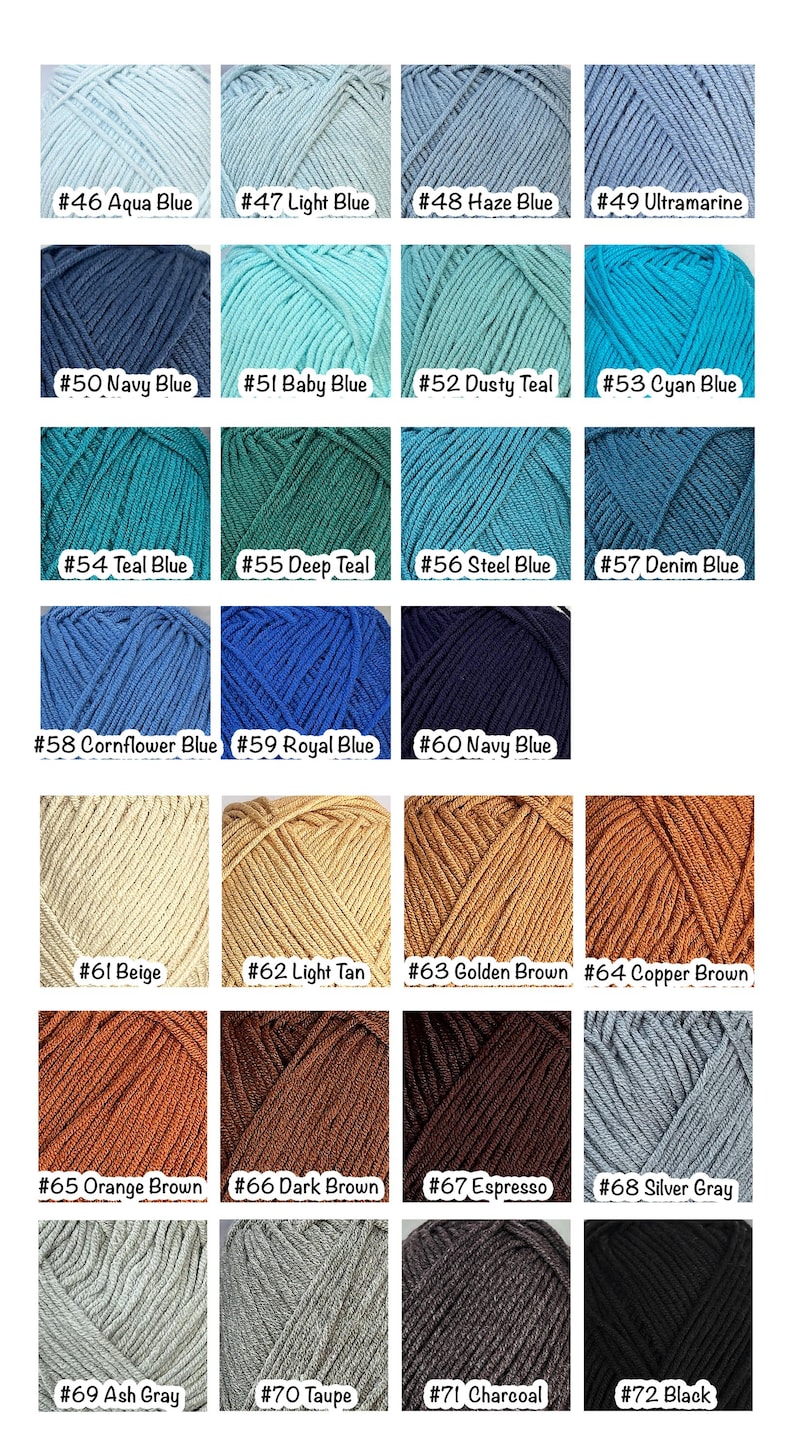 May include: A color chart featuring 27 yarn skeins in various shades. Colors range from blues and greens to browns and grays, each labeled with a number and color name. The yarn is tightly wound, showcasing the texture and color variations.