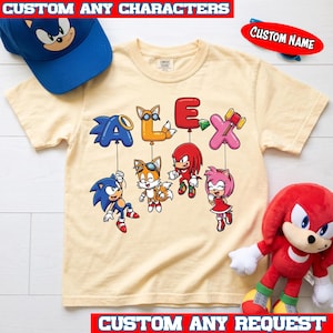 Sonic the Hedgehog Custom Name T-Shirt, Sonic Tails Knuckles Amy Rose Balloon Shirt, Personalized SEGA Gamer Gift for Mom Kids Tee