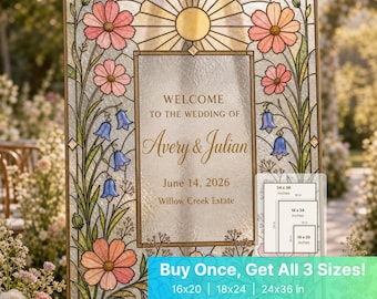 Faux Stained Glass Wedding Welcome Sign, Cosmos Bluebell Sunburst Template (Digital Download)