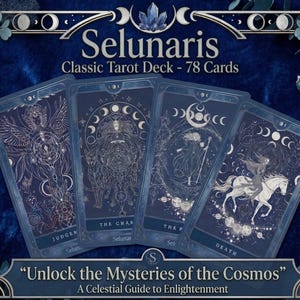 May include: A dark blue tarot card deck titled "Selunaris" with 78 cards. The cards feature celestial illustrations in gold and white. The text "Unlock the Mysteries of the Cosmos" is also visible.