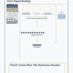 K&ouml;nnte beinhalten: Diagramm aus einem Buchkapitel mit dem Titel "The VDR Deadlock: Why 'Normal' Blood Levels Don't Equal Healing." Das Diagramm zeigt einen Prozess mit Bezeichnungen wie "PCA", "Urocanic Acid" und "Amino Acids". Es enth&auml;lt auch den Text "TALAY Action Plan: The Hydration Paradox."