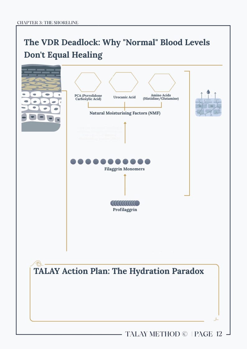 K&ouml;nnte beinhalten: Diagramm aus einem Buchkapitel mit dem Titel "The VDR Deadlock: Why 'Normal' Blood Levels Don't Equal Healing." Das Diagramm zeigt einen Prozess mit Bezeichnungen wie "PCA", "Urocanic Acid" und "Amino Acids". Es enth&auml;lt auch den Text "TALAY Action Plan: The Hydration Paradox."