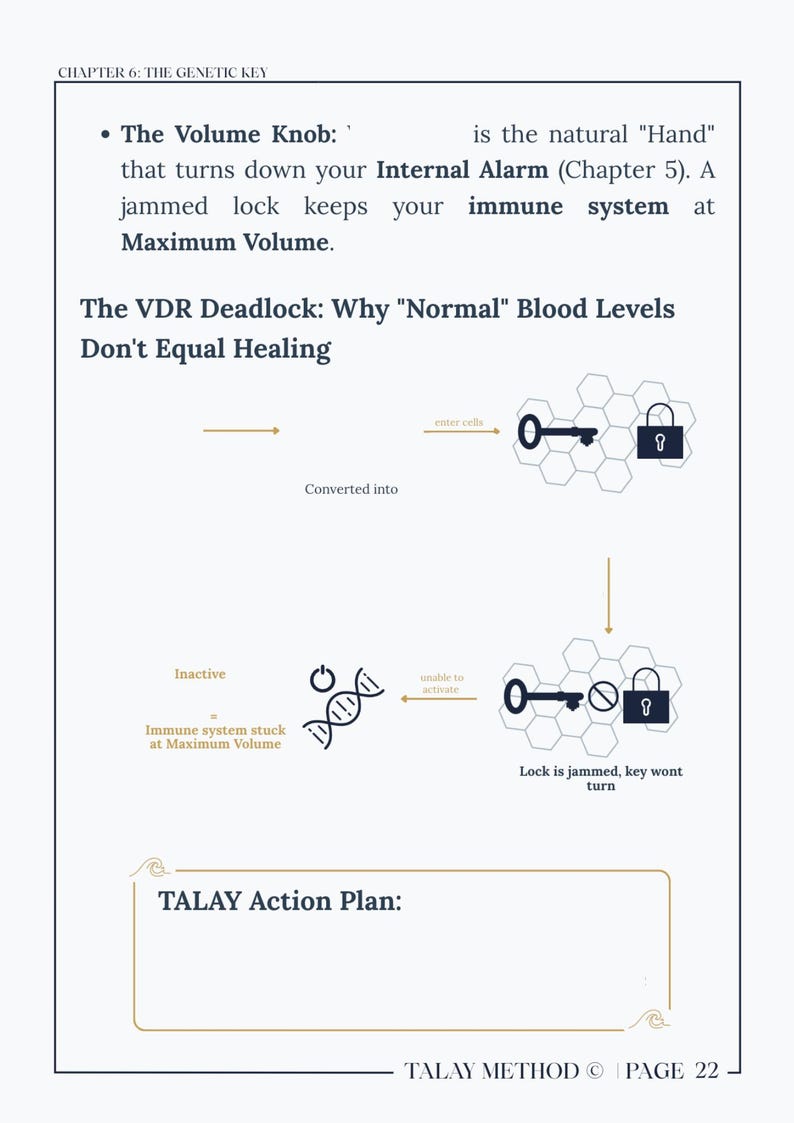 K&ouml;nnte beinhalten: Diagramm von einer Buchseite mit Text und Illustrationen. Der Text enth&auml;lt "The Volume Knob" und "VDR Deadlock". Illustrationen zeigen einen Schl&uuml;ssel, ein Schloss und eine DNA-Str&auml;hne. Die Seite tr&auml;gt den Titel "Kapitel 6: Der genetische Schl&uuml;ssel."