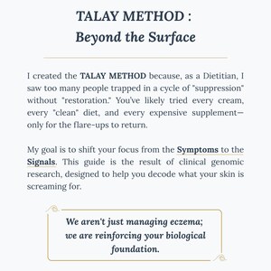 K&ouml;nnte beinhalten: Eine wei&szlig;e Seite mit dem Titel "TALAY METHOD: Beyond the Surface" in Dunkelblau. Der Text beschreibt eine Methode f&uuml;r die Hautgesundheit, wobei der Schwerpunkt auf der Verlagerung von der Behandlung von Symptomen zum Verst&auml;ndnis von Signalen liegt. Der Text enth&auml;lt den Satz "We aren't just managing eczema; we are reinforcing your biological foundation."