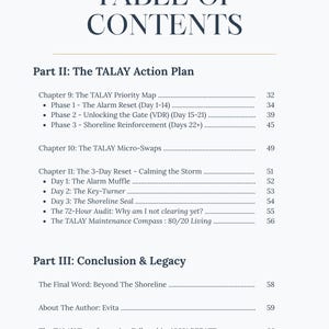 K&ouml;nnte beinhalten: Eine Inhaltsverzeichnis-Seite mit dem Titel "TABLE OF CONTENTS" in dunkler blauer Schrift auf wei&szlig;em Hintergrund. Die Seite listet Kapitel und Unterabschnitte auf, die in Teile wie "The TALAY Action Plan" und "Conclusion & Legacy" unterteilt sind. Die Seitenzahlen sind sichtbar.