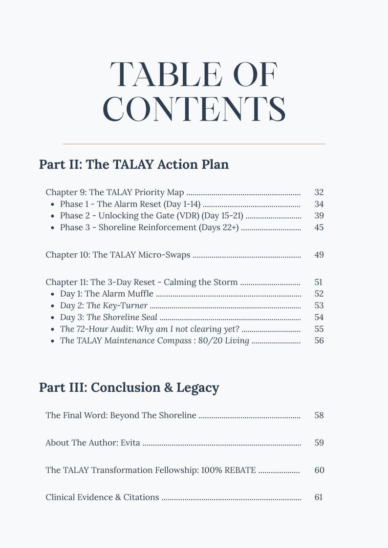 K&ouml;nnte beinhalten: Eine Inhaltsverzeichnis-Seite mit dem Titel "TABLE OF CONTENTS" in dunkler blauer Schrift auf wei&szlig;em Hintergrund. Die Seite listet Kapitel und Unterabschnitte auf, die in Teile wie "The TALAY Action Plan" und "Conclusion & Legacy" unterteilt sind. Die Seitenzahlen sind sichtbar.