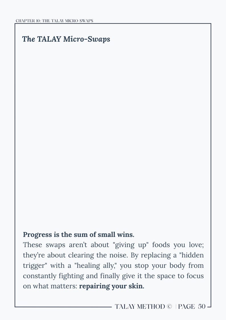 K&ouml;nnte beinhalten: Eine Buchseite mit dem Titel "The TALAY Micro-Swaps". Der Text enth&auml;lt den Titel, eine Kapitel&uuml;berschrift und einen Absatz &uuml;ber kleine Siege und das Beseitigen von St&ouml;rfaktoren, um sich auf die Reparatur der Haut zu konzentrieren. Die Seitenzahl ist 50.