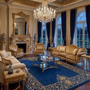 May include: A luxurious living room with gold accents and a crystal chandelier. The room features a blue rug with a gold floral border, gold-framed furniture, and blue velvet curtains. A fireplace and large windows complete the elegant design.