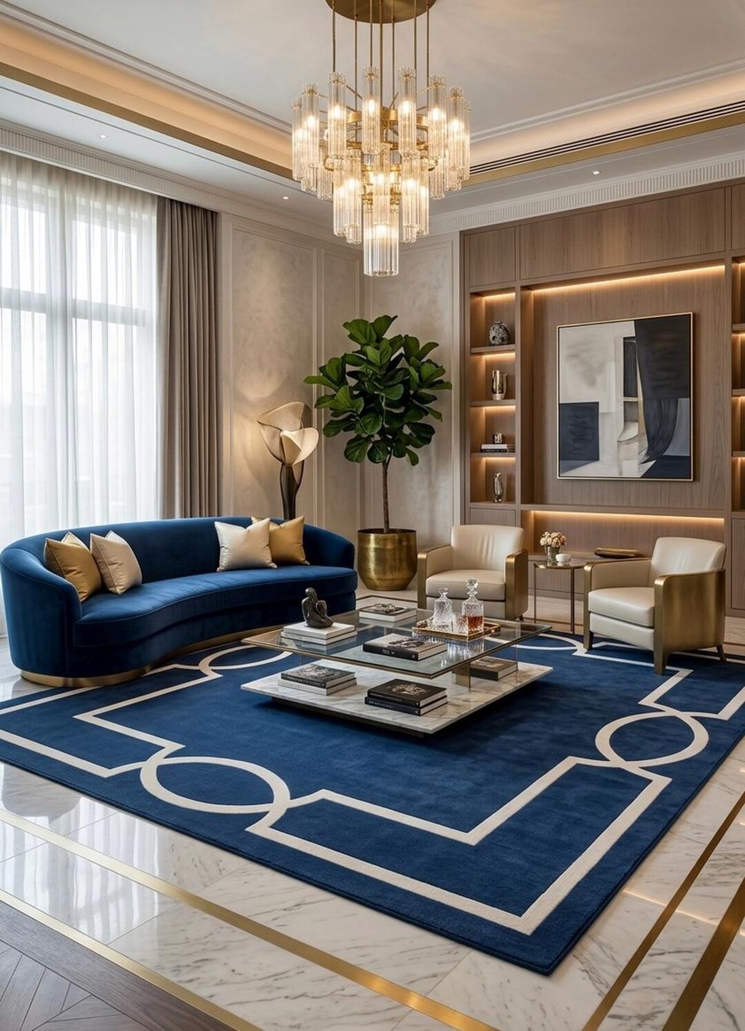 Navy Blue Geometric Hand Tufted Rug, Modern Abstract Living Room Carpet ...