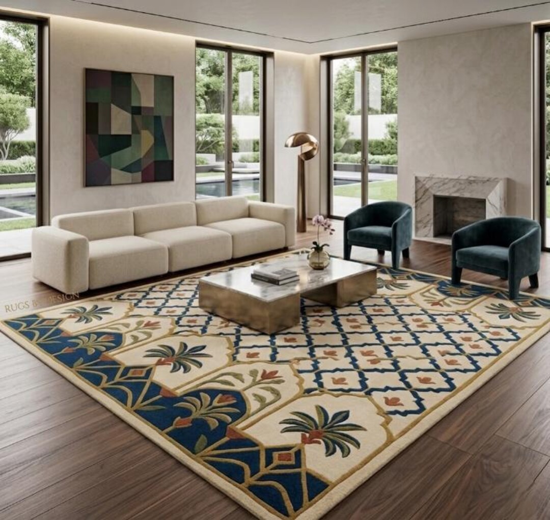 Luxury Hand Tufted Wool Area Rug – Blue Geometric Floral Living Room ...