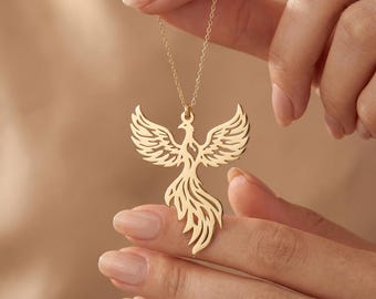 Collar Phoenix Rising con colgante de alas detallado en oro o plata, símbolo de fuerza y renacimiento, regalo para ella.
