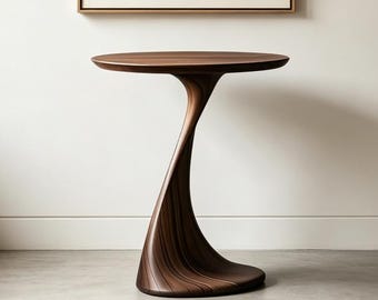 Modern Streamlined Wood Side Table | Minimalist Pedestal End Table | Sculptural Fluid Statement Furniture for Living Room