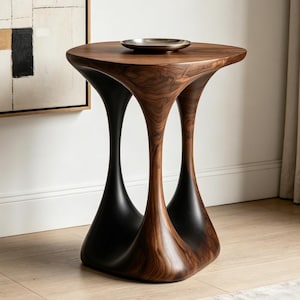 Modern Organic Hourglass Side Table | Sculptural Fluid Wood End Table | Luxury Biomorphic Statement Furniture for Living Room