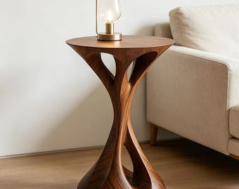 Modern Solid Wood Fractal Side Table | Sculptural Biomorphic End Table | Handcrafted Organic Hollow Pedestal | Luxury Art Furniture