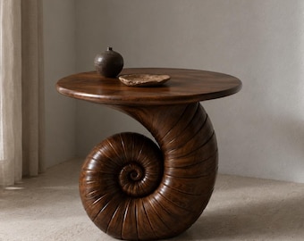 Sculptural Walnut Side Table | Seashell Inspired Accent Table | Organic Modern Coastal Furniture