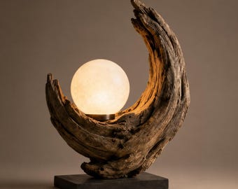 Driftwood Moon Table Lamp | Sculptural Wood Bedside Light | Organic Wabi Sabi Home Decor