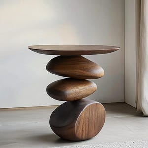 Könnte beinhalten: Ein dunkelbrauner Beistelltisch aus Holz mit einem einzigartigen Design. Der Tisch besteht aus vier gestapelten, abgerundeten Holzstücken, die glatten Steinen ähneln. Die Oberseite ist eine flache, kreisförmige Oberfläche. Der Tisch ist etwa 50 cm hoch.