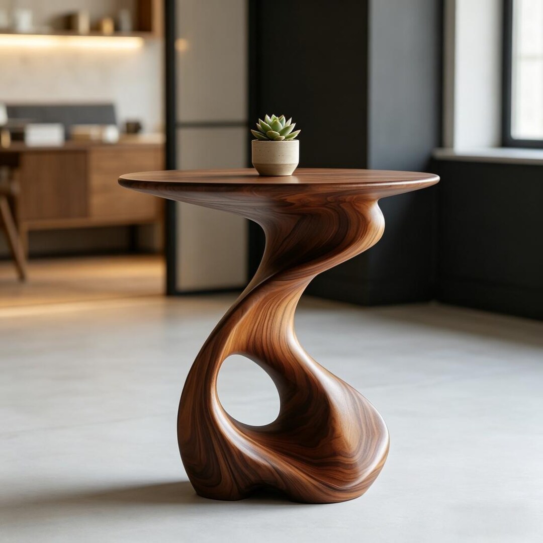 Modern Solid Wood Swirl Side Table | Sculptural Fluid End Table ...