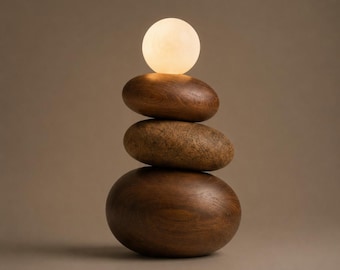 Stacked Stone Wood Table Lamp | Moon Globe Bedside Light | Wabi Sabi Japandi Home Decor