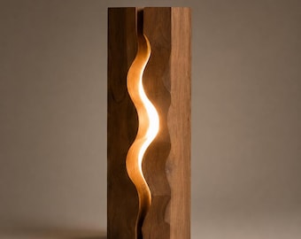 Sculptural Wood Table Lamp | Wavy Light Column | Minimalist Japandi Bedside Lamp