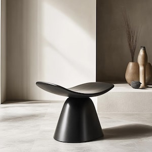 Modern Matte Black Sculptural Stool | Minimalist Wave Side Table | Contemporary Zen Pedestal Seating & Accent Table