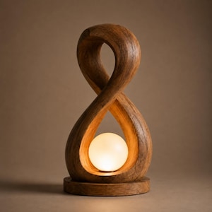 Sculptural Wood Table Lamp | Infinity Loop Globe Light | Organic Modern Bedside Lamp