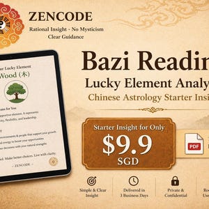 May include: An advertisement for a Bazi Reading, a Chinese astrology starter insight. The image features a tablet displaying information about the Wood element, a candle, and a decorative element. Text includes "ZENCODE" and "Bazi Reading".