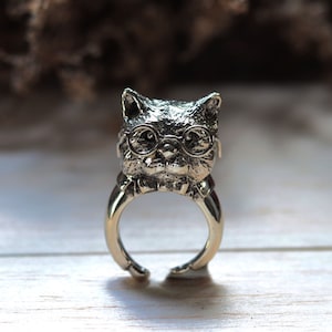cat and glasses ring for unisex made of sterling silver 925 cute style