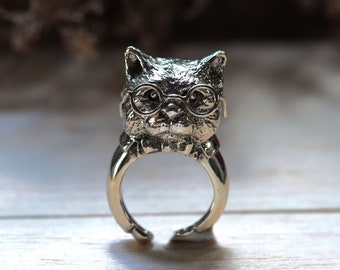 cat and glasses ring for unisex made of sterling silver 925 cute style